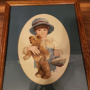 Jan Hagara CrossStitch COMPLETED Handmade Framed Matted "Jimmy" Boy w/Bear Toy